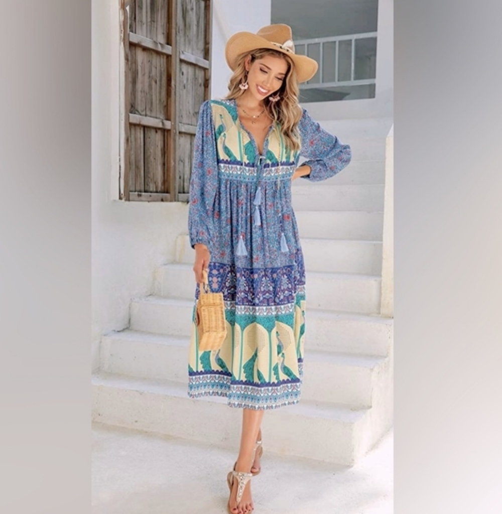 R. Vivimos Women's Long Sleeve Floral‎ V- Neck Tassel Bohemian Midi Dress Medium